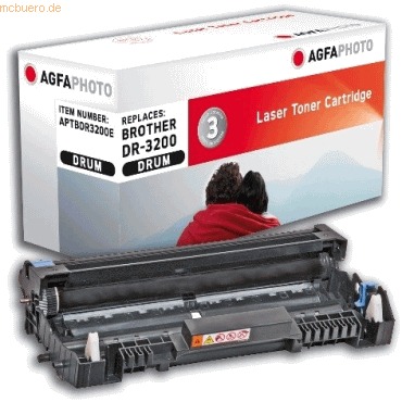 Black printer drum with a glossy finish, featuring a transparent top and blue accents, alongside a colorful box labeled "AgfaPhoto APTBDR3200E" and "Laser Toner Cartridge."