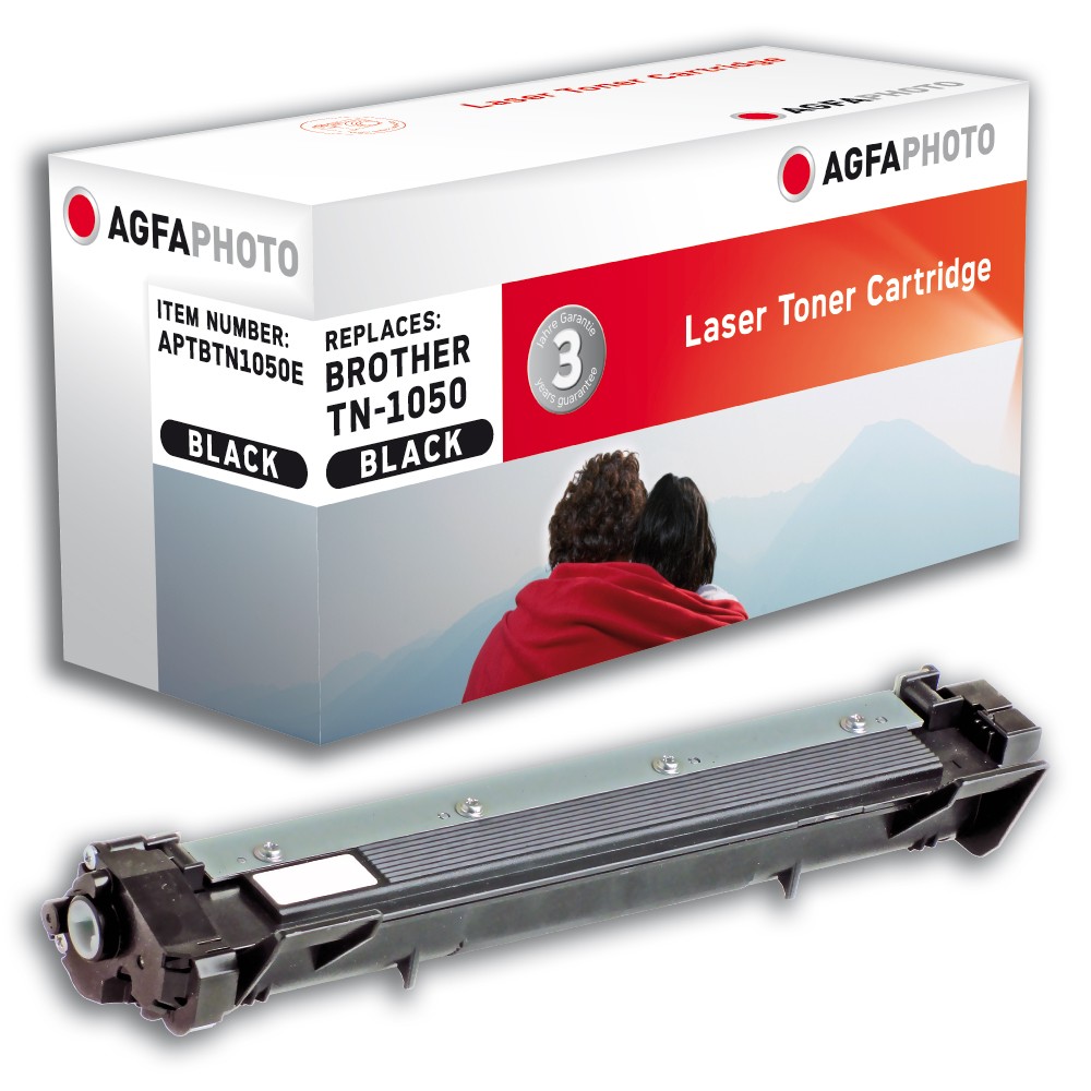 Black AgfaPhoto toner cartridge with a sleek design, placed next to a colorful box featuring the brand logo and product details, designed for laser printers.