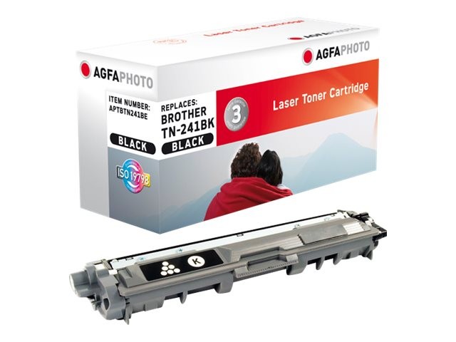 Black toner cartridge with a gray casing, labeled "AgfaPhoto APTBTN241BE," beside a white box featuring red accents and product details, designed for laser printers.