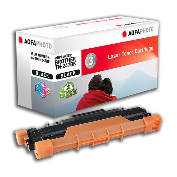 Black toner cartridge with an orange base, packaged in a white box featuring the AgfaPhoto logo and product details, labeled as compatible with Brother TN-247BK.