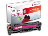 Magenta toner cartridge in a black plastic casing, featuring a bright magenta label, with a white and red box in the background displaying product details and branding.