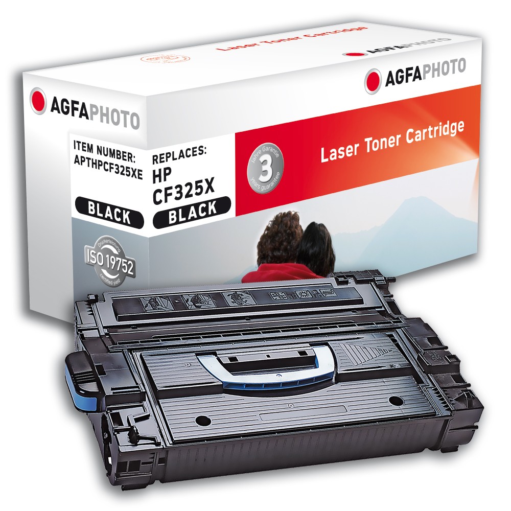 Black toner cartridge with a plastic casing, featuring a blue handle and detailed labeling, placed beside a white box with red and black accents, indicating compatibility with HP CF325X.