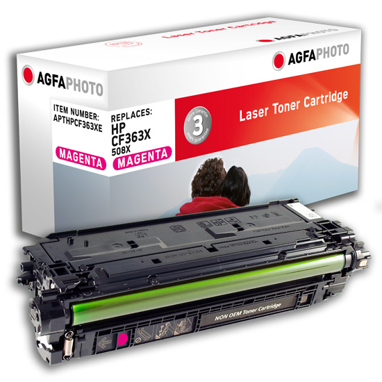 Magenta toner cartridge with a black casing, featuring a bright green toner reservoir, packaged in a box labeled "AgfaPhoto" with item number APTHPCF363XE.