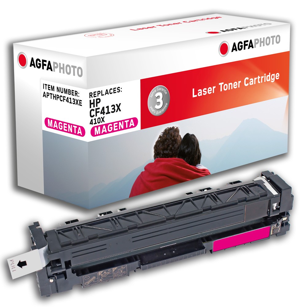 Magenta toner cartridge with a black plastic body, featuring a pink label and a white pull tab, alongside a white box with red and black branding and product details.