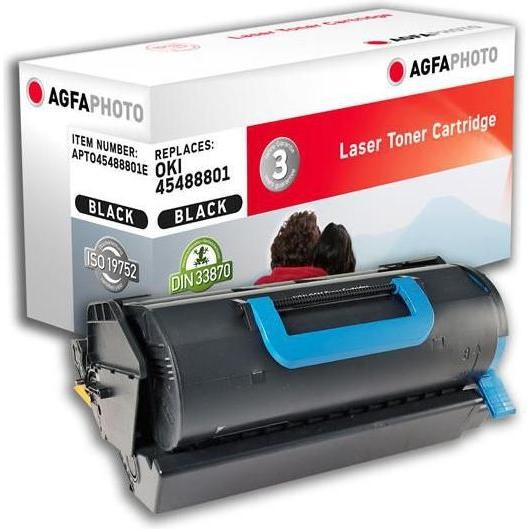 Black toner cartridge with a blue handle, packaged in a white box featuring the AgfaPhoto logo and product details, including item number and compatibility information.