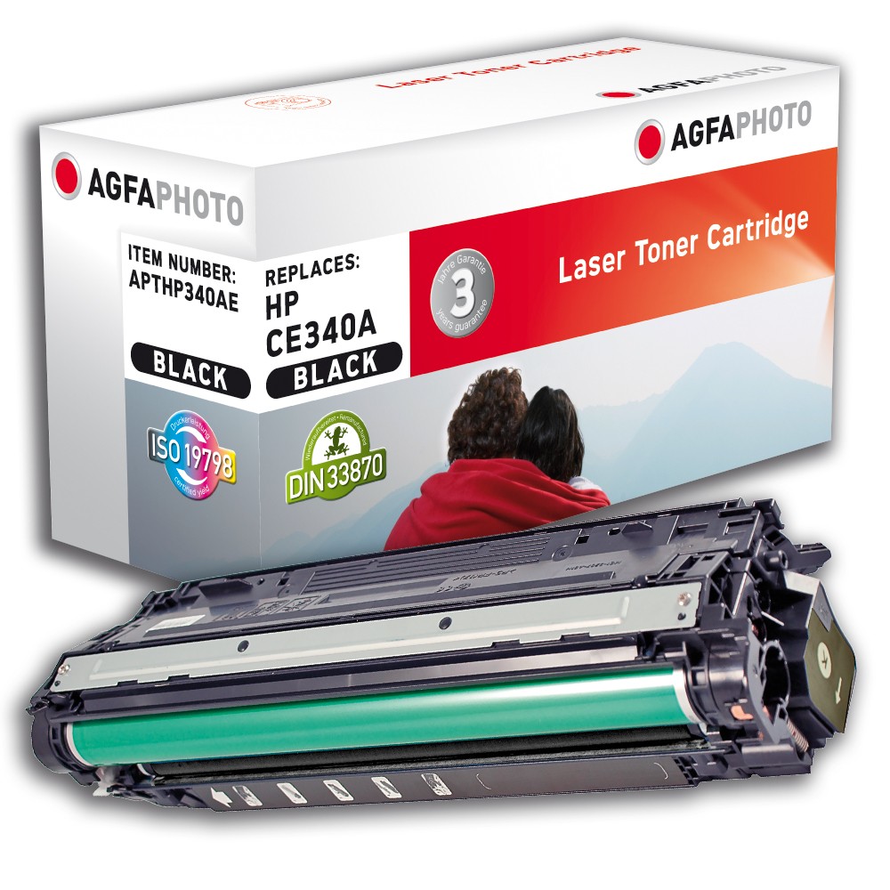Cyan laser toner cartridge with a green drum, accompanied by a white box featuring red and black text, labeled "AgfaPhoto CE341A" and compatible with HP CE340A.