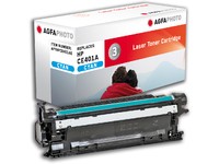 Cyan laser toner cartridge AgfaPhoto CE401A, featuring a black plastic casing with a vibrant cyan stripe, packaged in a white box with blue and black text.