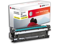 Yellow laser toner cartridge labeled "AgfaPhoto CE402A" next to its box, featuring a sleek black design with a blue strip and a white box displaying product details.