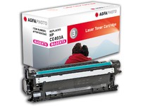AgfaPhoto CE403A magenta laser toner cartridge with a black body and a vibrant magenta label, packaged in a white box featuring a couple against a scenic backdrop.