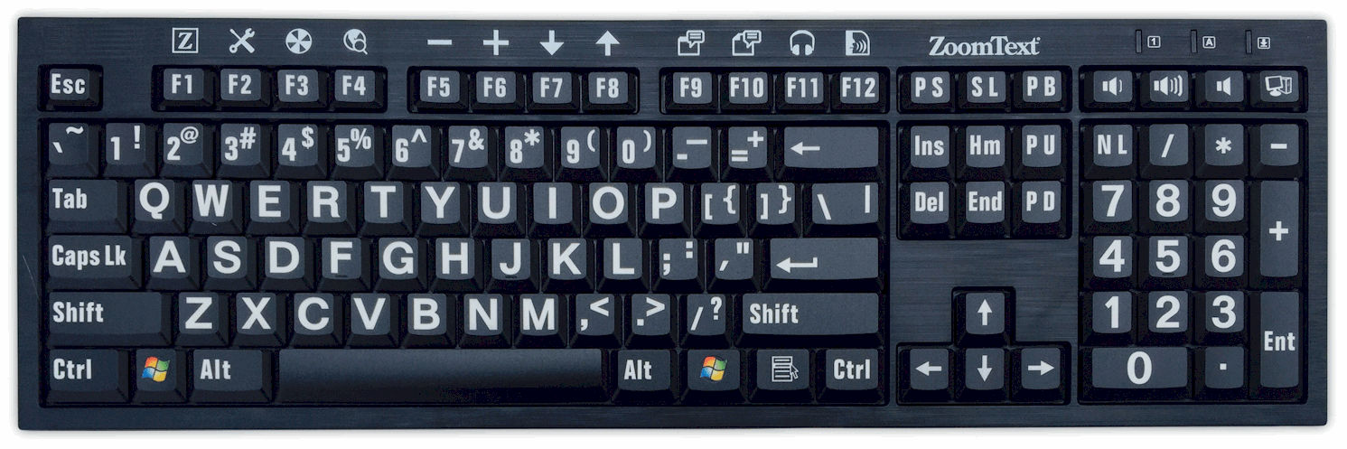 Black keyboard featuring large, bold white letters and symbols, designed for accessibility, with function keys and ZoomText logo prominently displayed.
