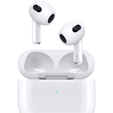 White Apple AirPods 3rd Gen in-ear earphones with a glossy finish, featuring a Lightning charging case and visible left and right earbuds.