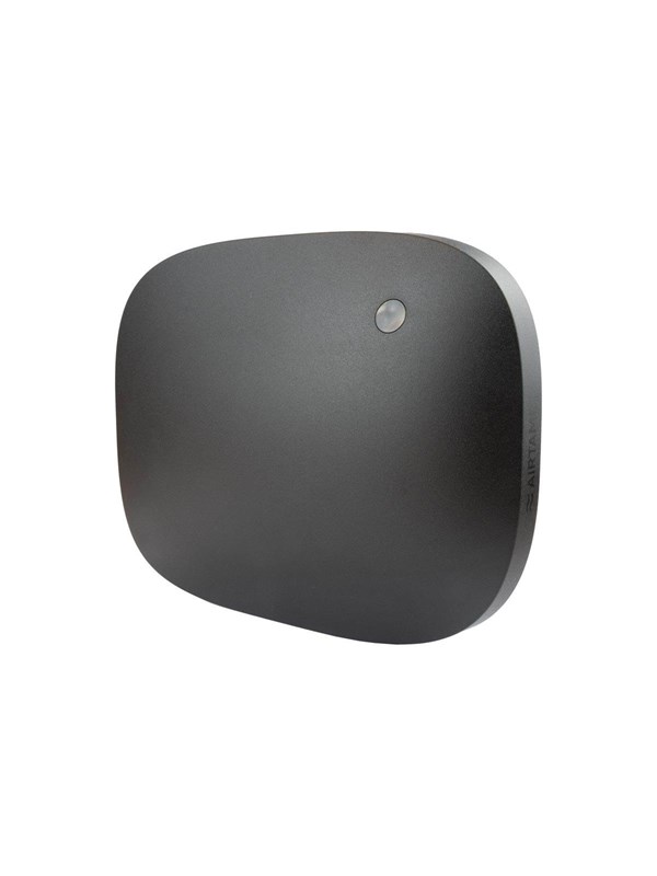 AIRTAME Hub + Core in a sleek black design with a rounded rectangular shape, featuring a small status light and designed for video/audio extension with Wi-Fi 5 support.