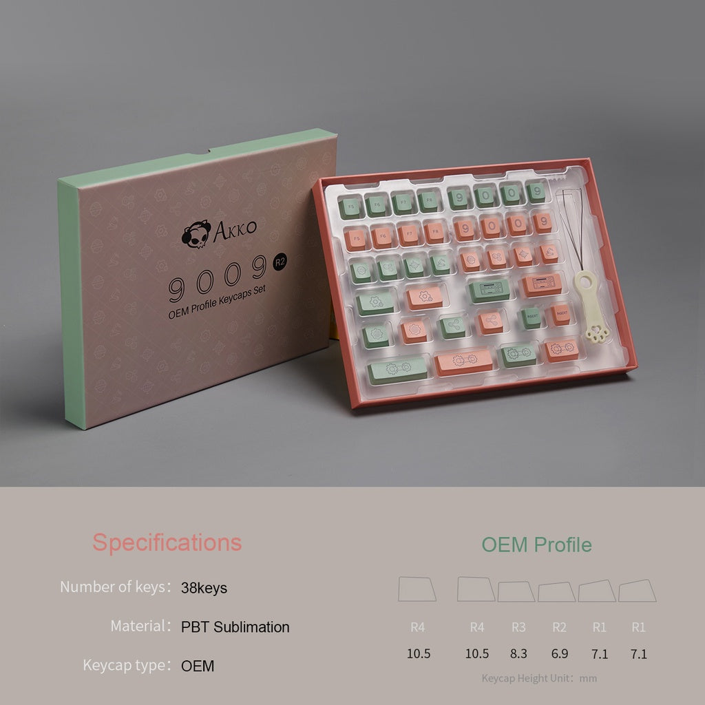 9009 Dye-Sub Keycap Set features a mix of mint green and peach keycaps with PBT sublimation, housed in a stylish box, designed for OEM profile keyboards.