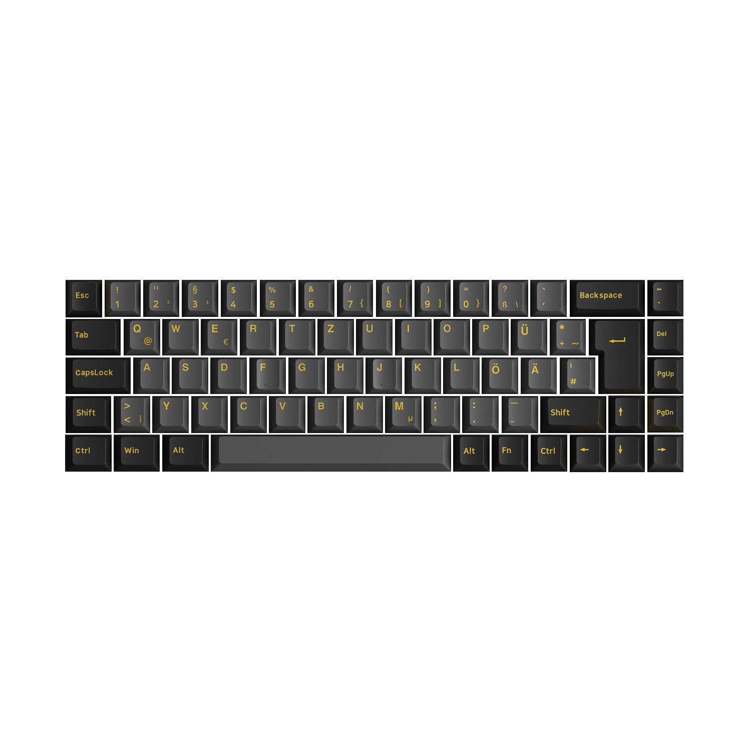 Black and gold ISO DE keycap set featuring 69 keys, with a matte black finish and bold gold lettering for enhanced visibility and style.