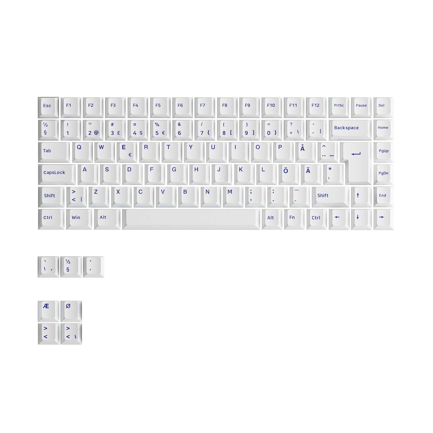 Blue on white ISO Nordic keycap set featuring 91 keys, made of durable plastic with blue lettering on a clean white background, including unique Nordic characters.