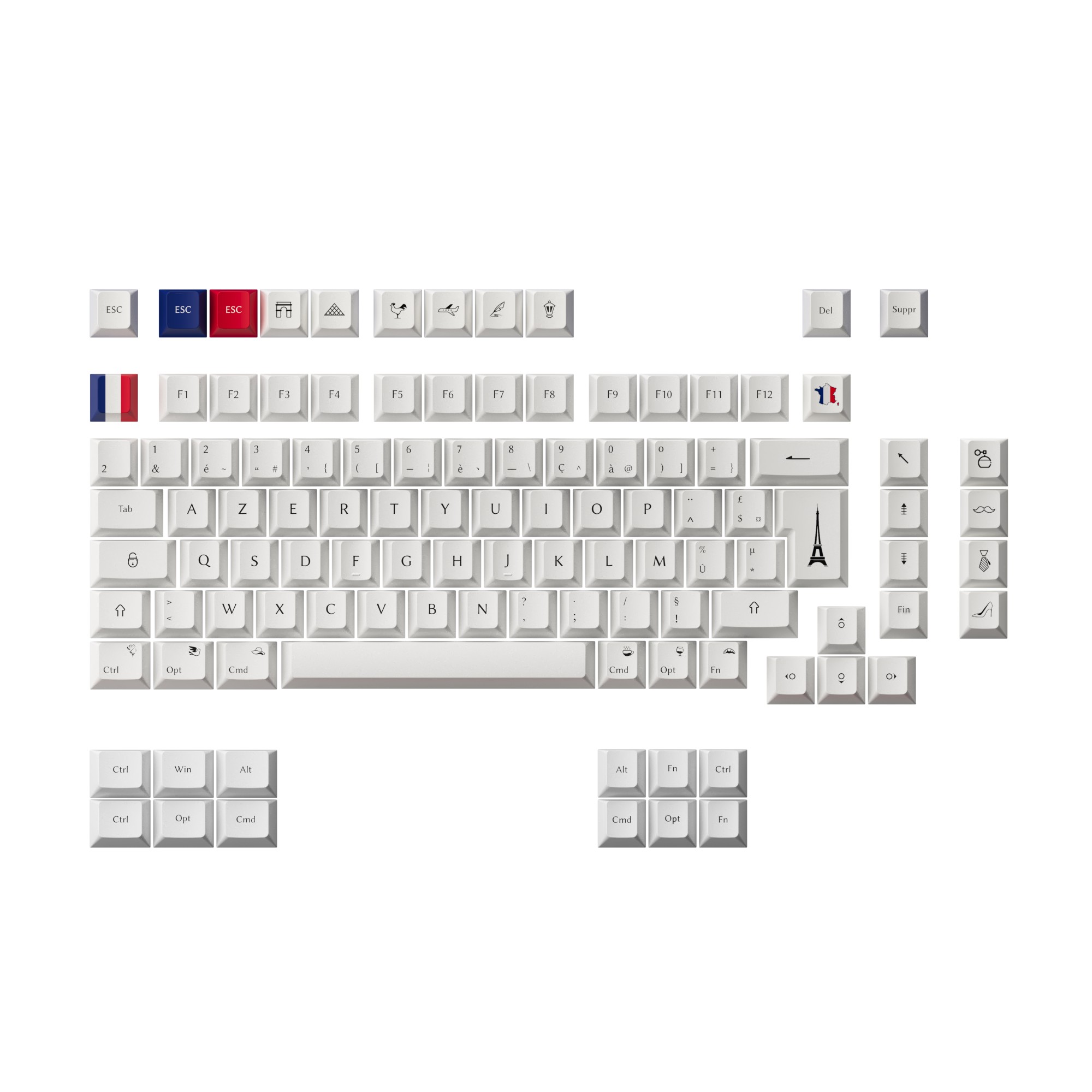 White keycap set featuring blue and red accents, with various designs including the Eiffel Tower, symbols, and letters, made from durable plastic for mechanical keyboards.