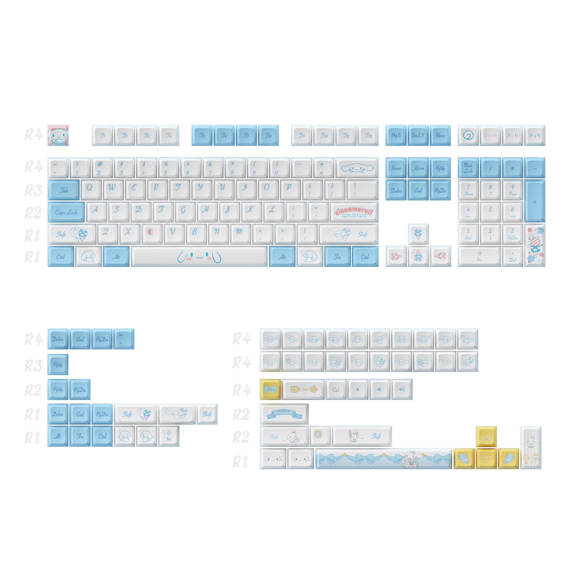 Cinnamoroll Keycap Set featuring 165 keys in pastel blue and white, with cute illustrations and themed designs, perfect for customizing mechanical keyboards.
