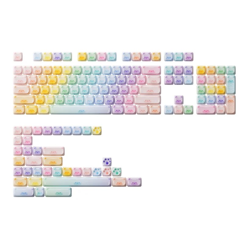 Colorful Cats Keycap Set featuring 142 keys in pastel shades of pink, blue, yellow, and green, with cute cat face designs on select keys, made from durable plastic.