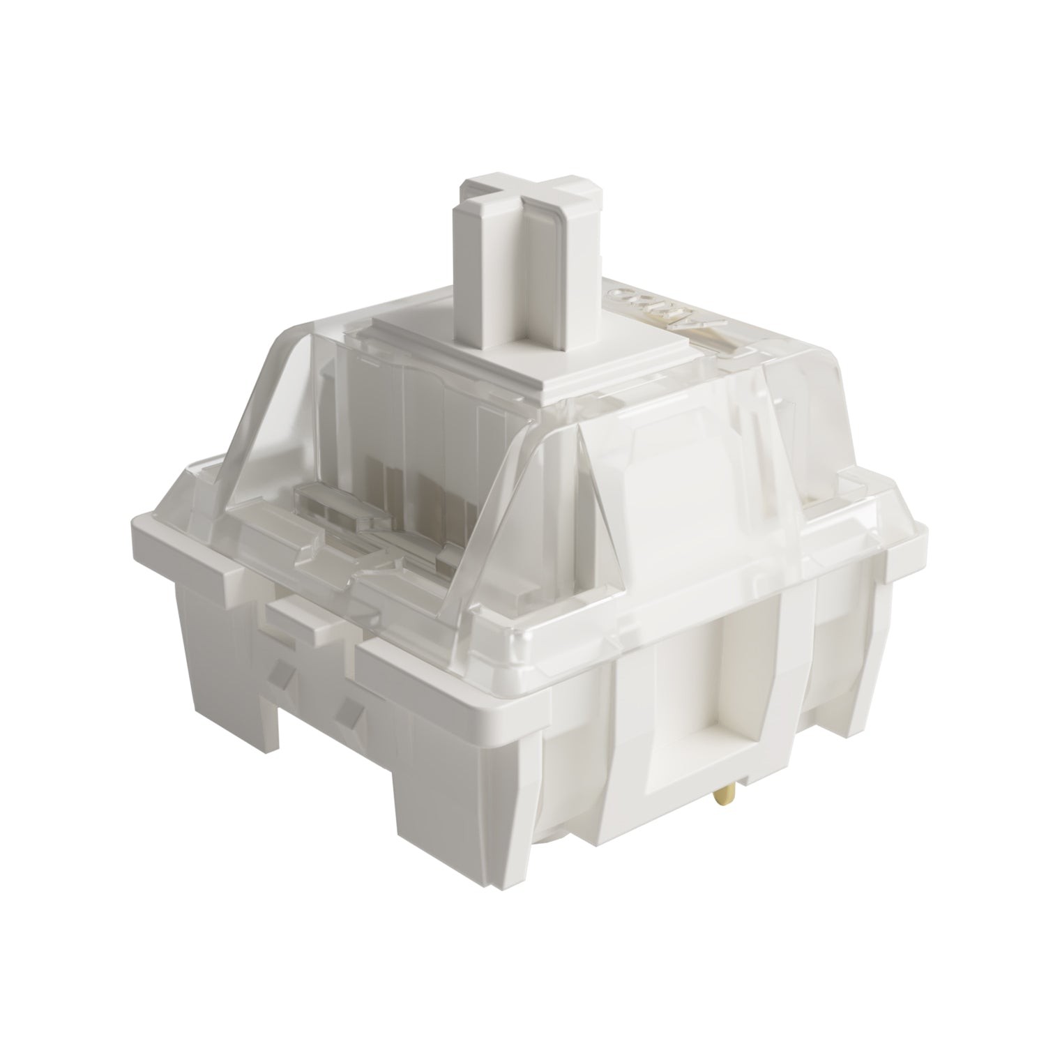 Translucent white Akko CS Air Switch with a sturdy plastic build, featuring a unique design for enhanced key responsiveness, sold in a set of 110 pieces.