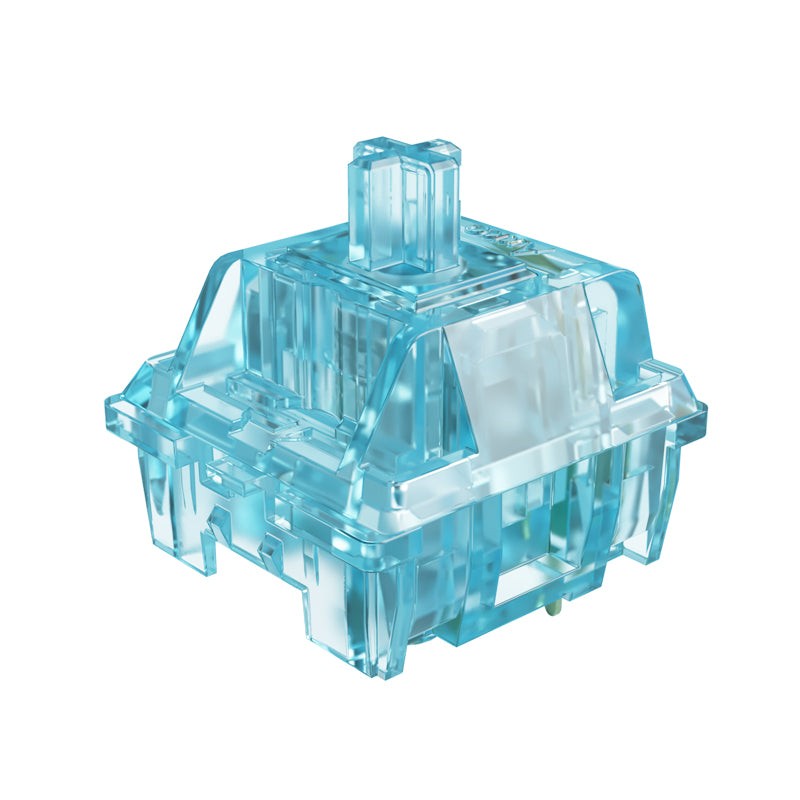 Translucent light blue mechanical switch with a clear housing, featuring a distinctive design and a central stem, ideal for custom keyboards, sold in a pack of 110.