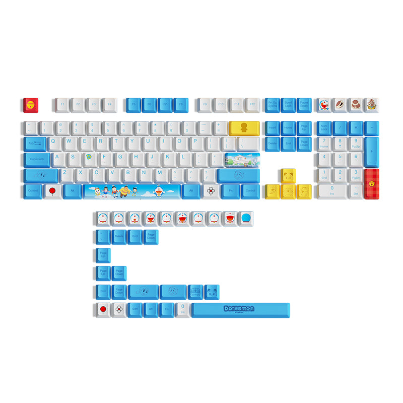 Colorful 138-key Doraemon keycap set featuring blue and white keys, cartoon character designs, and playful icons, made from durable plastic for mechanical keyboards.