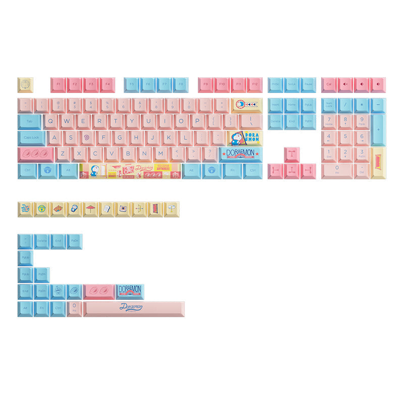 Colorful 136-key macaron keycap set featuring pastel pink and blue keys, with themed designs including Doraemon graphics and icons, made of durable plastic material.