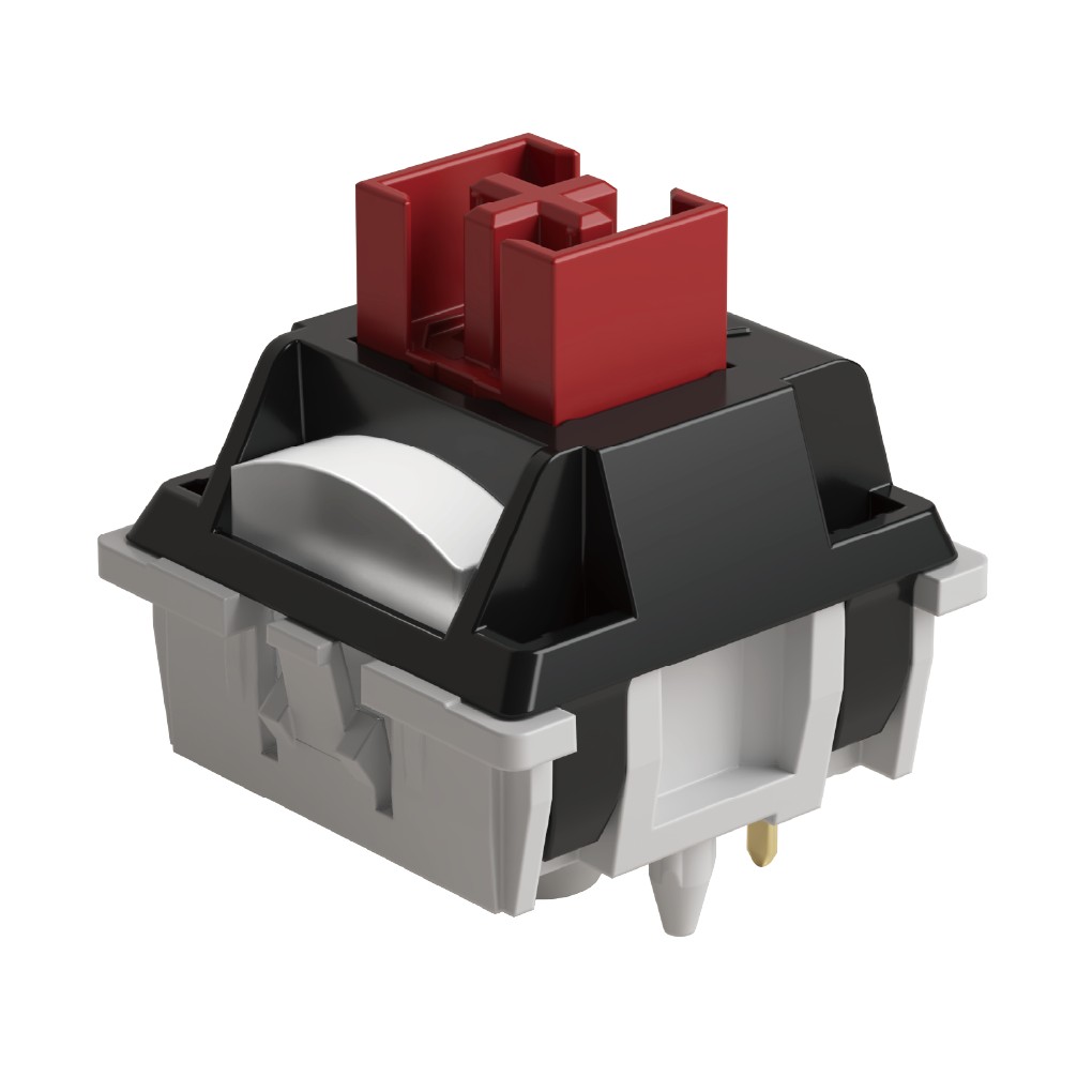 Red and black mechanical switch with a plastic housing, featuring a smooth top and two metal pins for mounting, designed for keyboard customization.