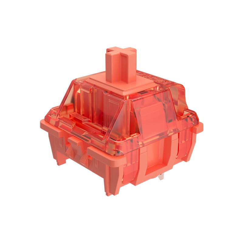Translucent orange mechanical switch with a distinct cross-shaped stem, designed for smooth keystrokes, featuring a lubed finish for enhanced performance, packaged in a set of 110 pieces.