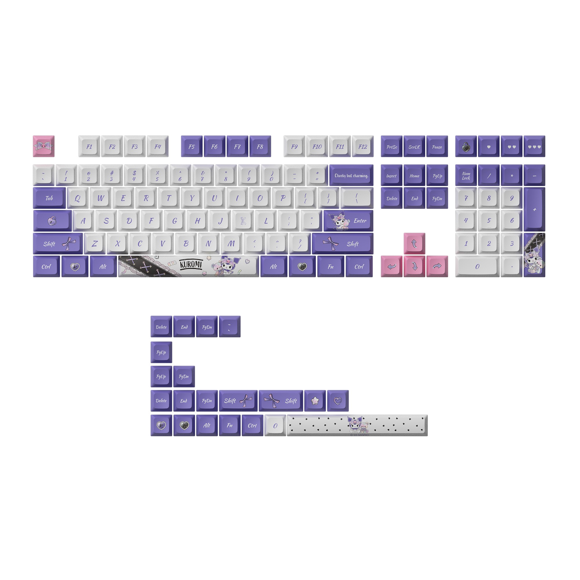 Kuromi Keycap Set featuring 129 keys in purple, white, and pink, with playful designs, including characters and patterns, made from durable plastic for mechanical keyboards.