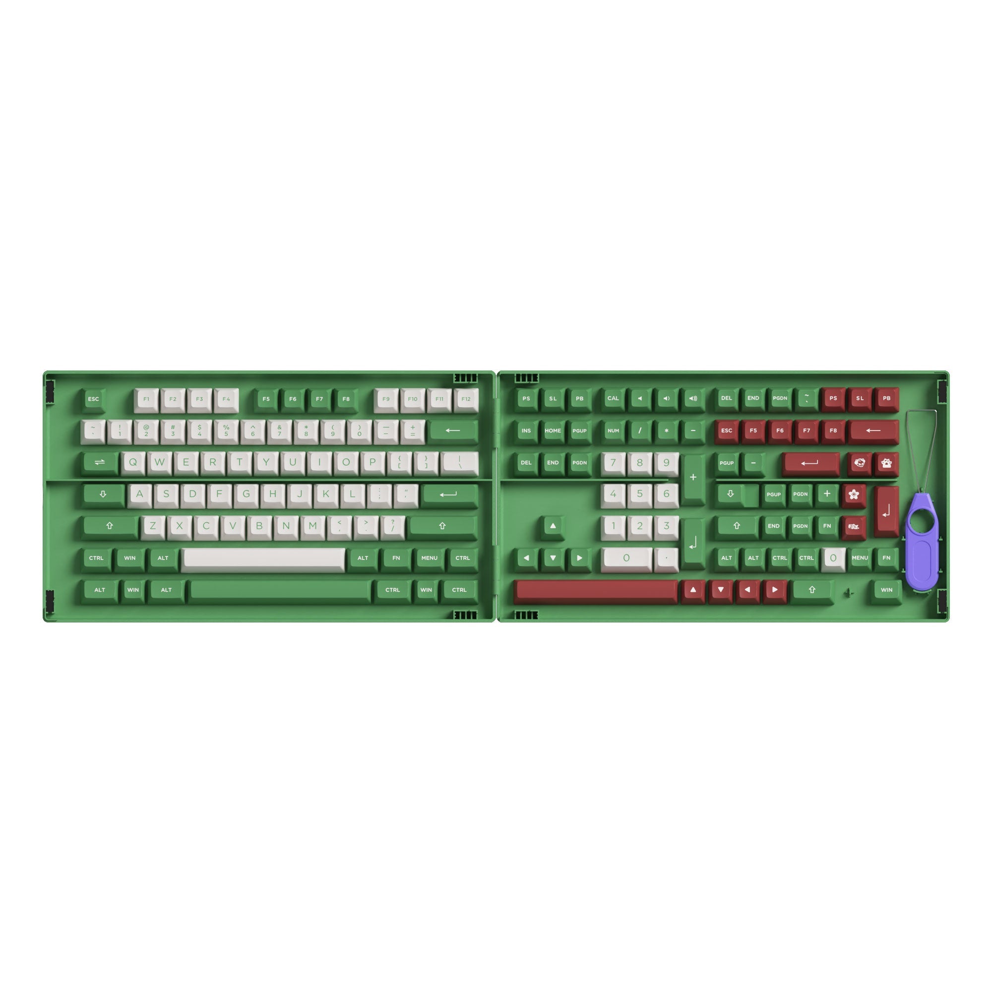Green keycap set featuring matcha and red bean colors, with white lettering, designed for mechanical keyboards, showcasing a playful and vibrant aesthetic.