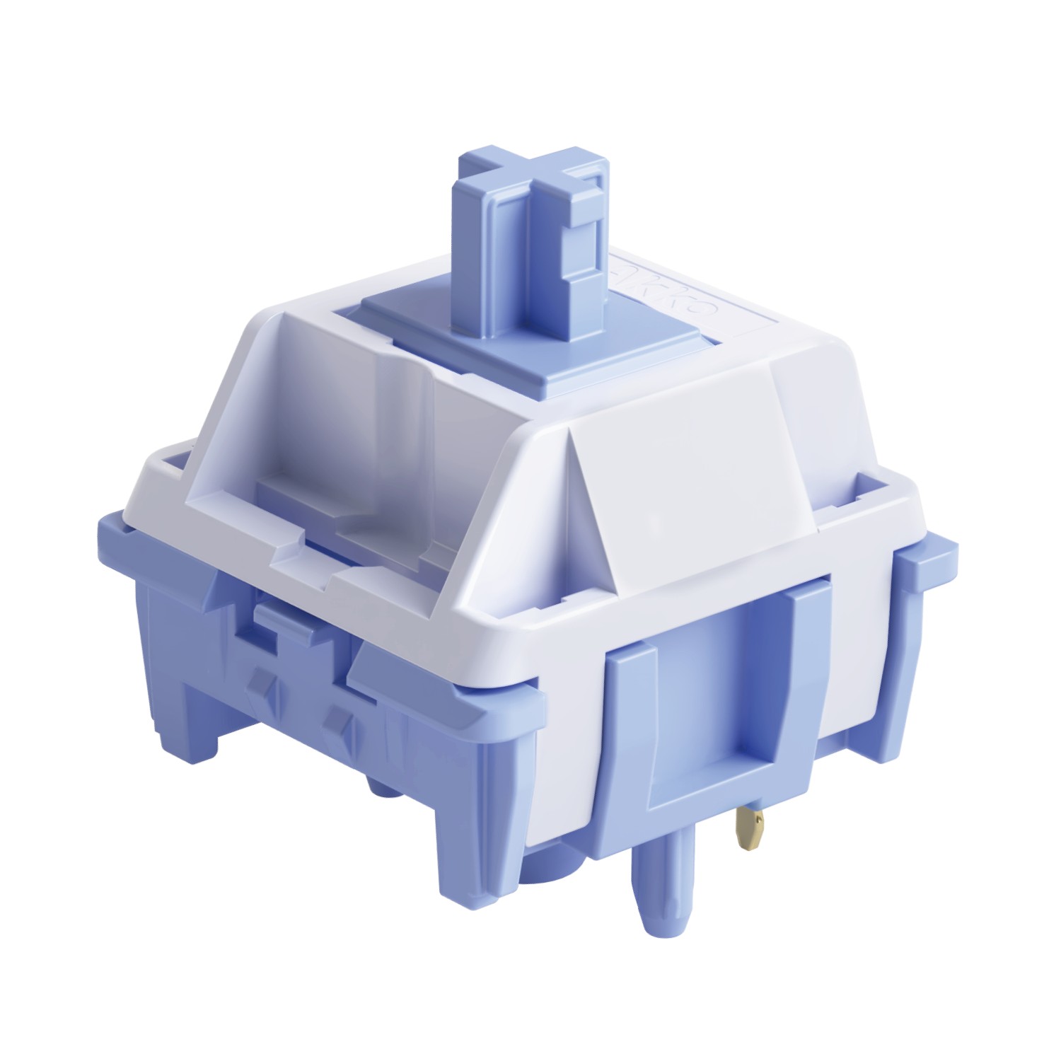 Light blue and white mechanical switch with a rectangular base, featuring a central stem and two metal pins for connection, designed for keyboard customization.