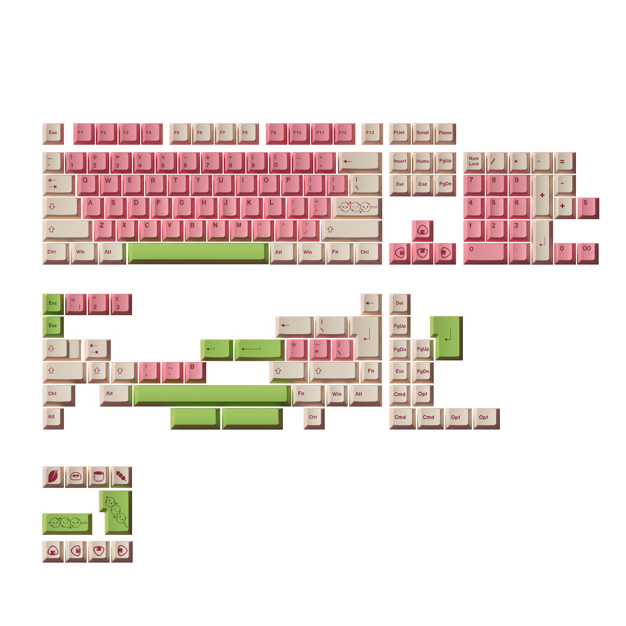 Colorful Akko keycap set featuring a mix of pink, cream, and green keys, with various shapes and sizes suitable for mechanical keyboards, showcasing playful designs and textures.