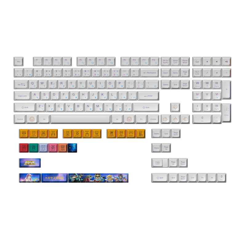 Saint Seiya Keycap Set featuring 145 keys in a mix of white, orange, pink, and blue, with unique designs and symbols representing characters from the series.