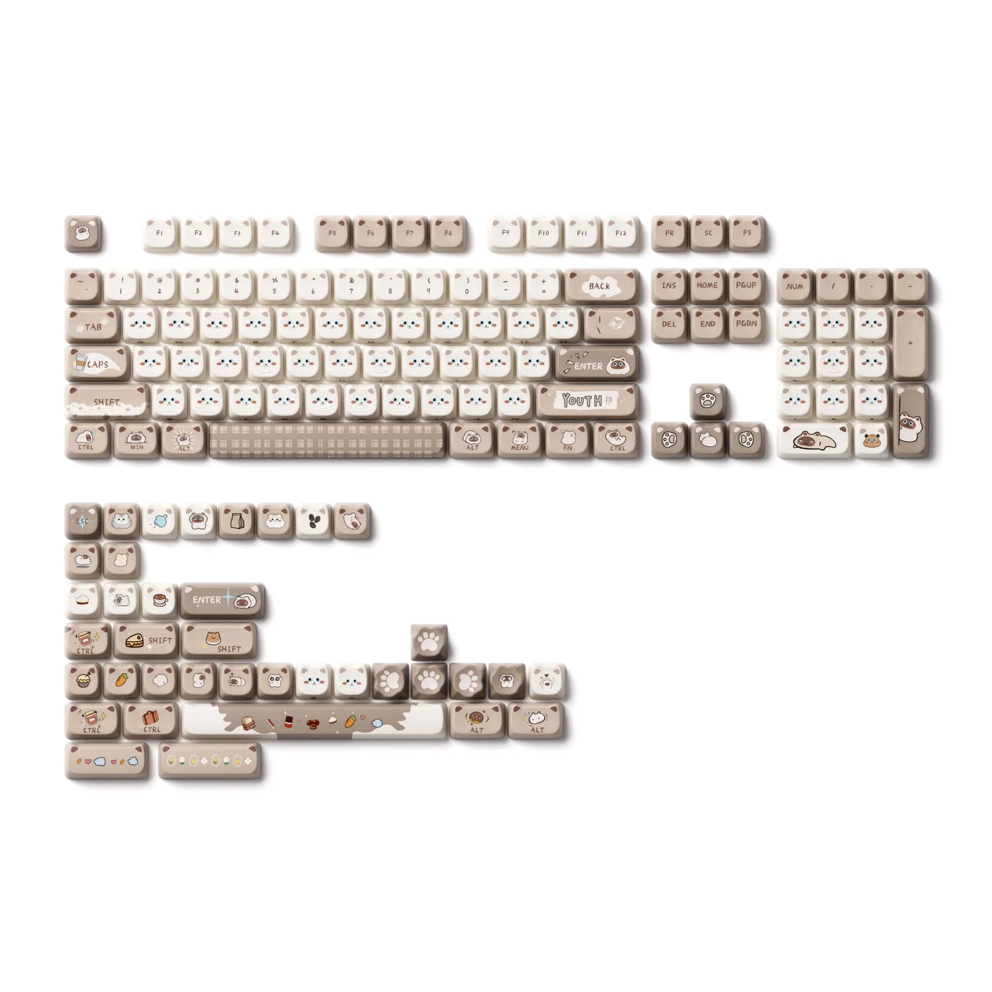 Siamese Cat-themed keycap set featuring 142 PBT dye-sublimation keycaps in soft beige and cream tones, with playful cat designs and MAO profile, suitable for various mechanical keyboard layouts.