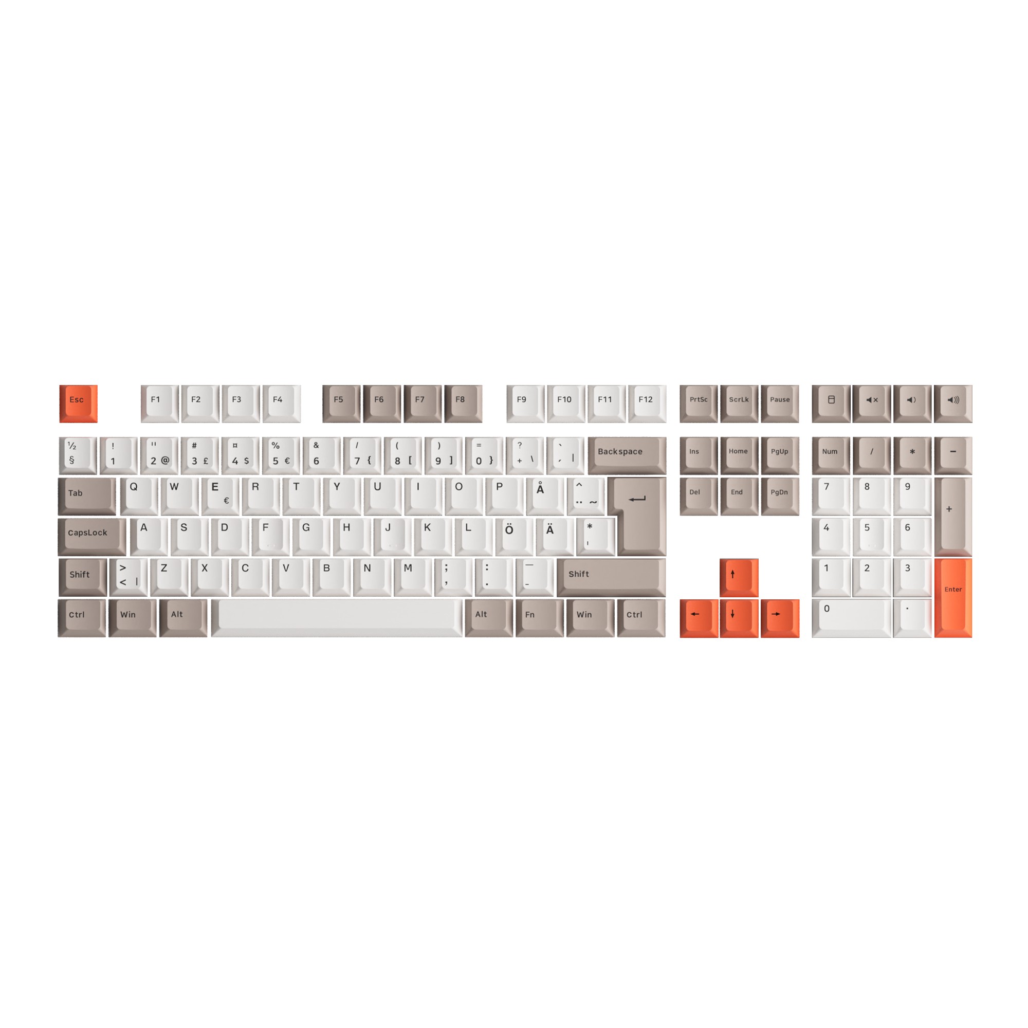 Steam Engine ISO Nordic Keycap Set featuring a mix of light beige, dark brown, and orange keycaps, designed for a 109-key layout with distinctive legends and a smooth finish.