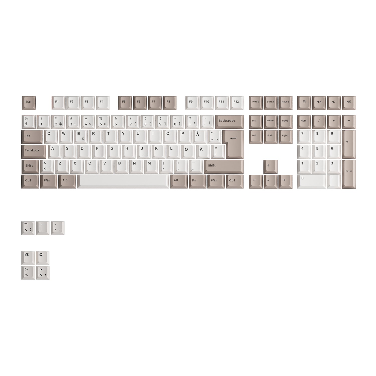 Steam Engine ISO Nordic Keycap Set features 116 keys in a sleek combination of light beige and white, with a matte finish and distinctive legends for a modern aesthetic.