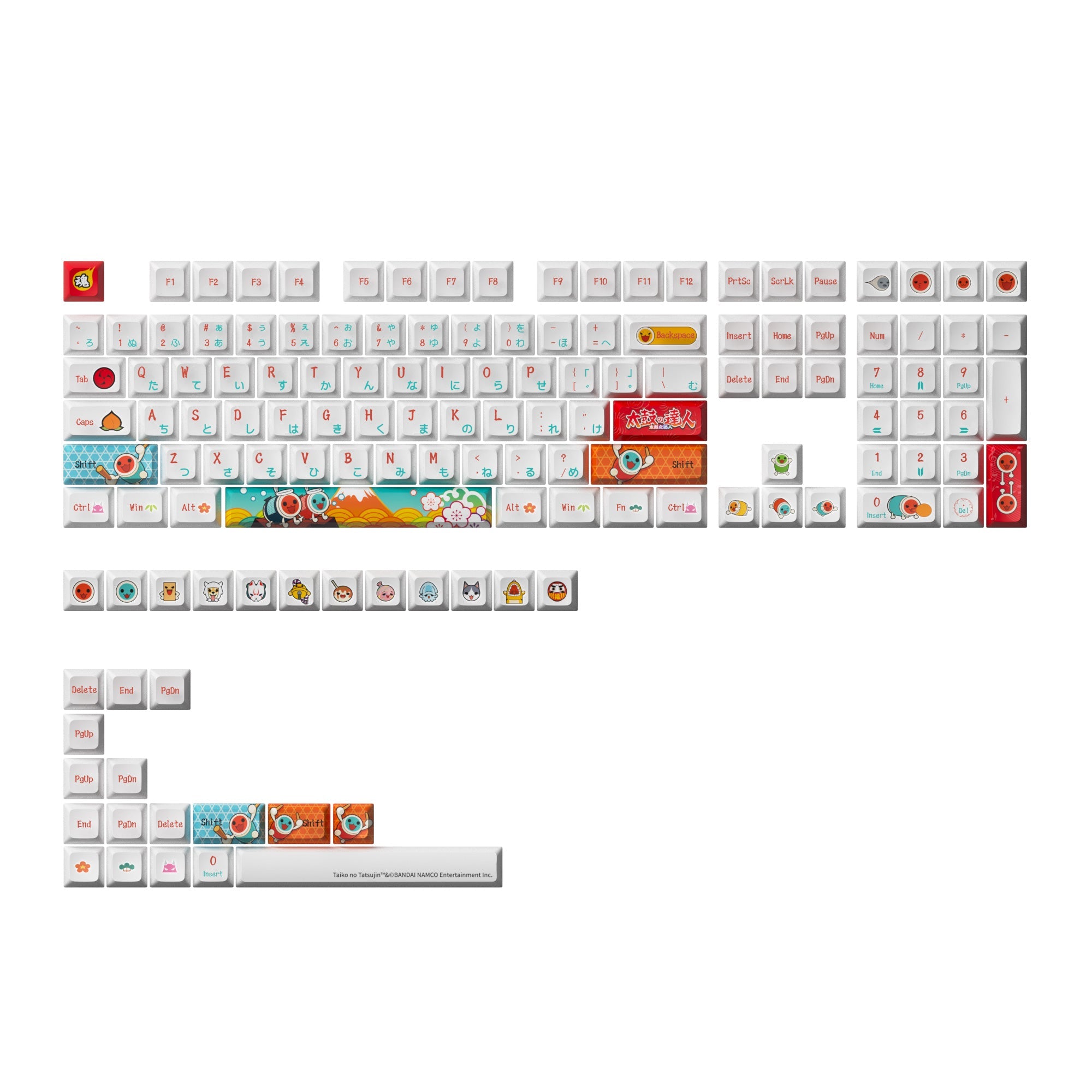 Colorful Akko Keycap Set featuring a variety of designs, including food-themed icons, with a mix of white, red, and blue keys, crafted from durable plastic material.
