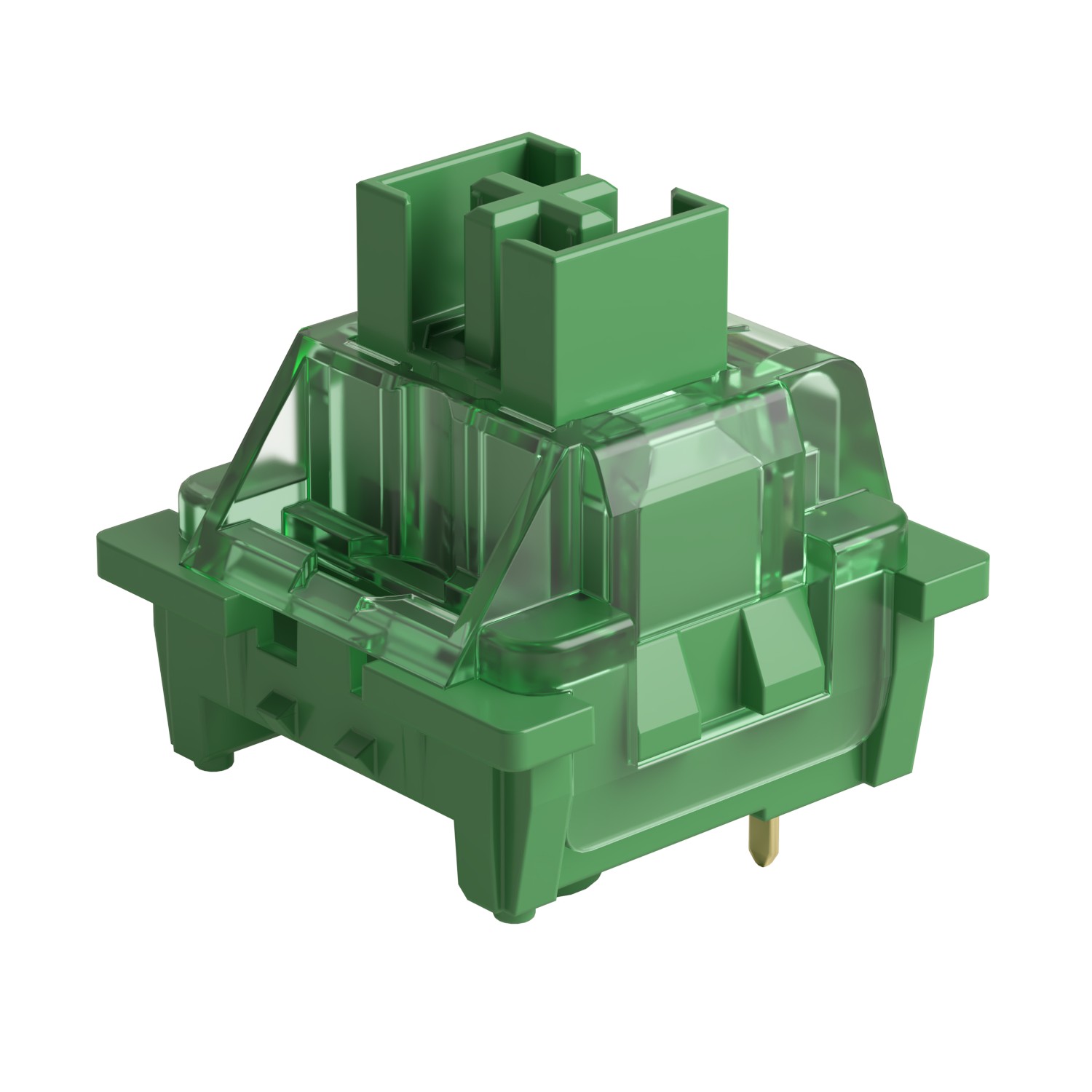 Translucent green mechanical switch with a square top and two vertical pins, designed for keyboards, featuring a smooth finish and compact design, ideal for a tactile typing experience.