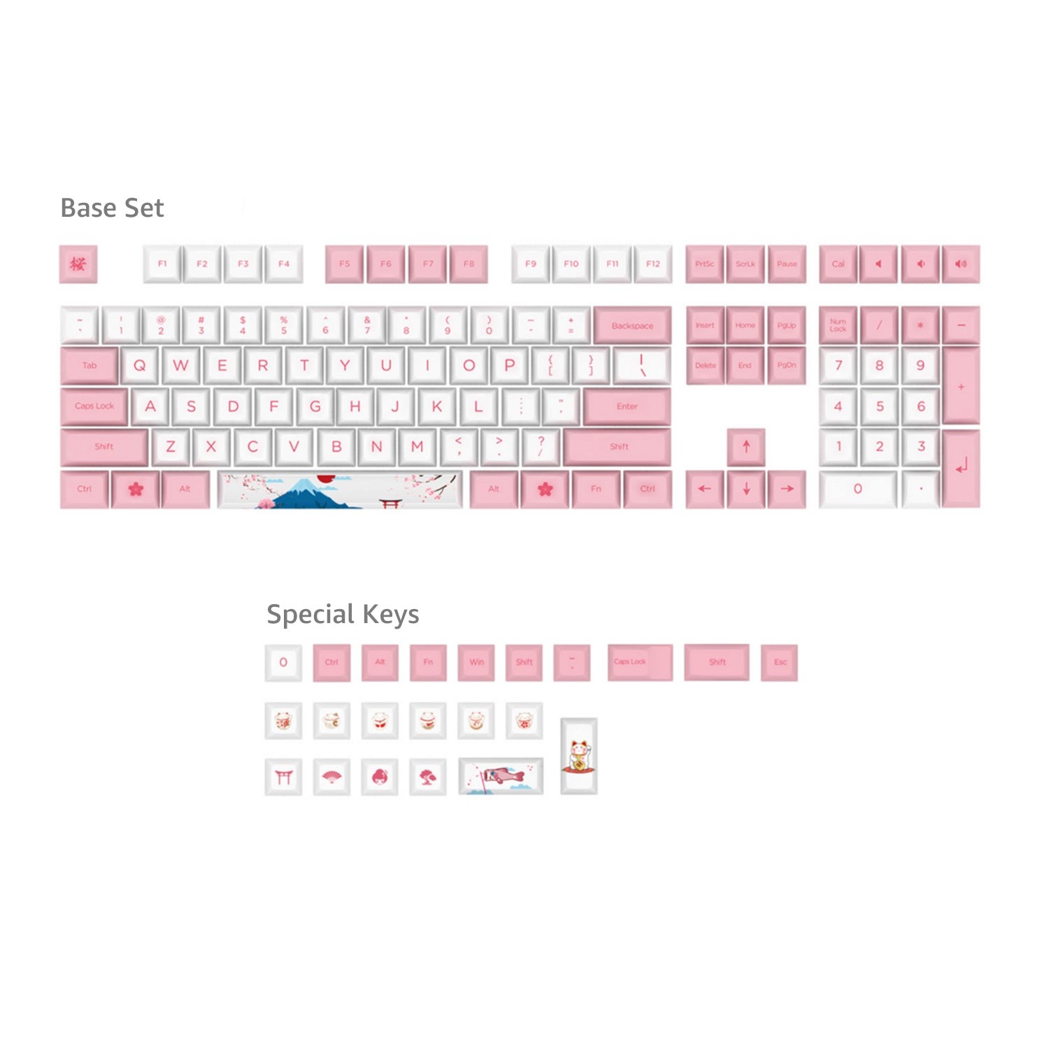 The World Tour Tokyo R1 Keycap Set features a pink and white color scheme with Japanese-themed designs, including cherry blossoms and Mount Fuji on select keys.
