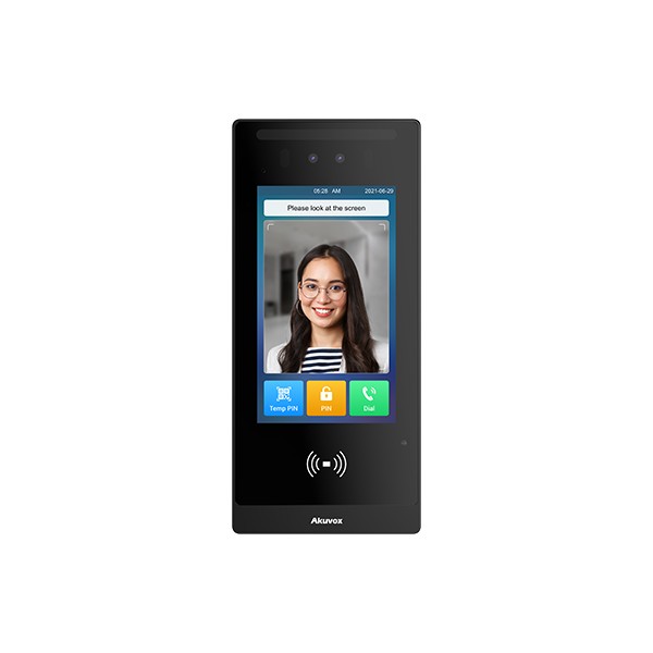 Akuvox E18C is a sleek black intercom device featuring a touchscreen display, facial recognition camera, and colorful icons for access control and communication.