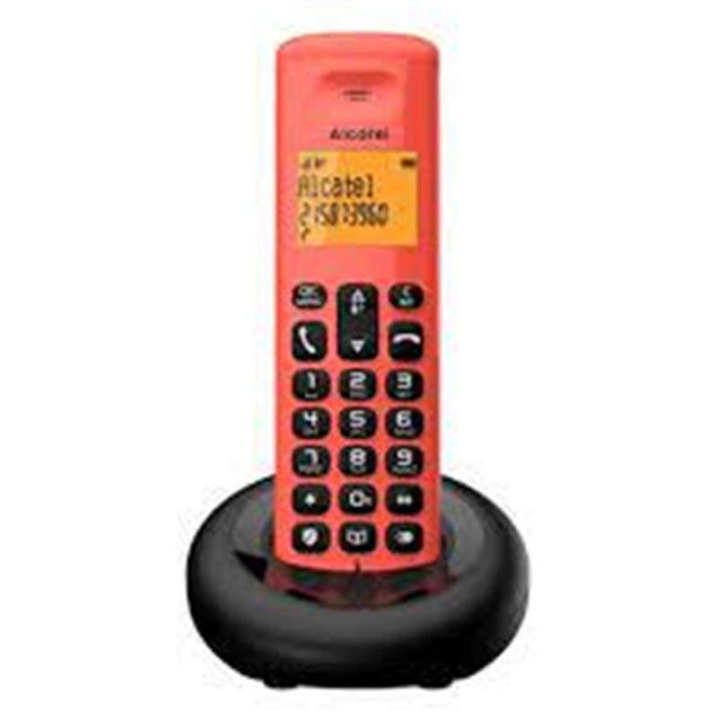 Alcatel E160 DECT telephone in vibrant red with a black base, featuring a numeric keypad and a caller ID display screen.