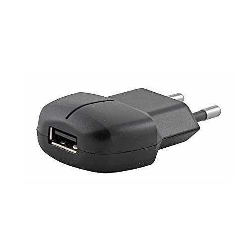 Black Alcatel Lucen 3N67335 power adapter with a single USB port and two prongs for wall mounting, featuring a smooth plastic finish.