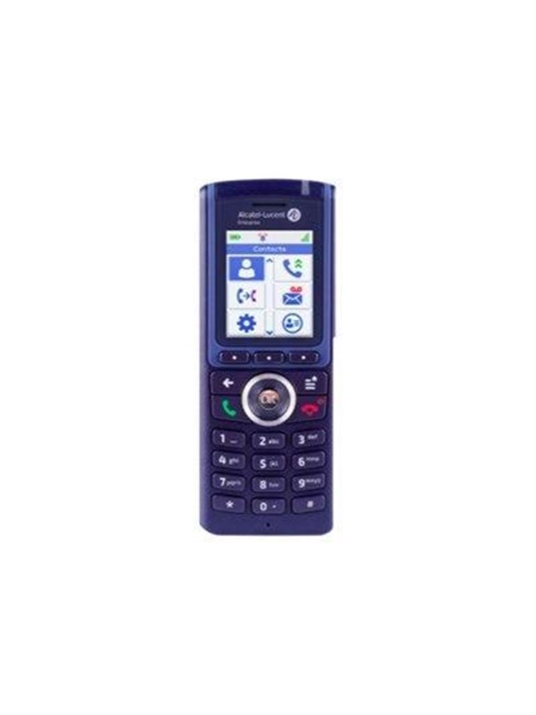 DECT telephone in dark blue with a color display, featuring a numeric keypad, navigation button, and icons for calls and messages.