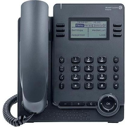 Grey Alcatel-Lucent Enterprise ALE-20 IP phone featuring a black keypad, LCD display, and a coiled handset, designed for office communication.
