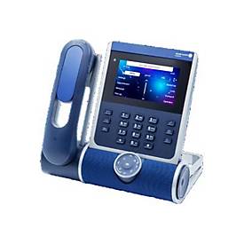Alcatel-Lucent ALE-400 IP phone featuring a blue LCD screen, a sleek design with a silver frame, a numeric keypad, and a prominent circular control dial.