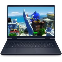 Indigo Alienware laptop with 16" display, backlit keyboard, slim bezels, showing a vibrant gaming scene on screen.
