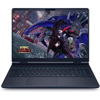 Black Alienware 16" laptop with illuminated keyboard, sleek design, and vibrant display showing a colorful graphic.