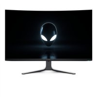 Curved Alienware AW3225QF monitor, 32-inch, 4K resolution, sleek black design with illuminated alien logo on screen.
