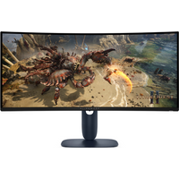 Alienware AW3425DWM 34" curved gaming monitor, ultrawide screen, black stand, displaying a vibrant action scene.
