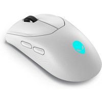 White Alienware AW720M wireless gaming mouse with blue logo, sleek design, side buttons, and scroll wheel.